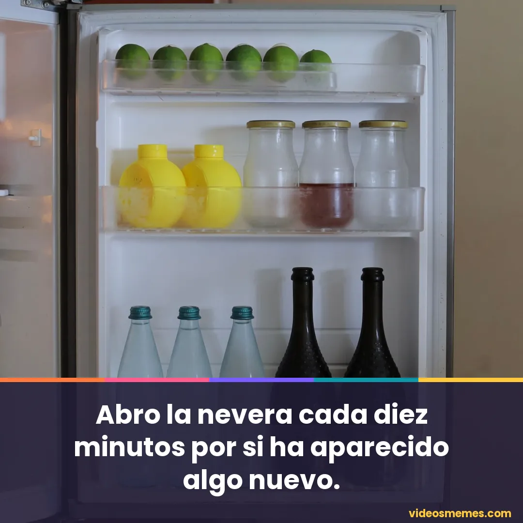 Nevera abierta con comida dentro con la frase: abro la nevera cada diez minutos por si ha aparecido algo nuevo