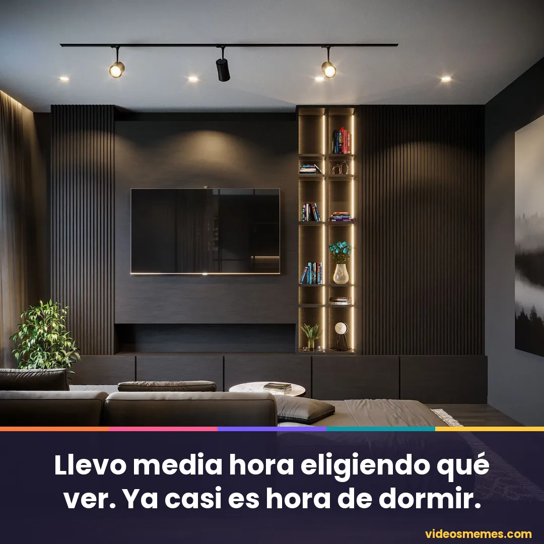 Mando de la televisión sobre el sofá con la frase: llevo media hora eligiendo qué ver